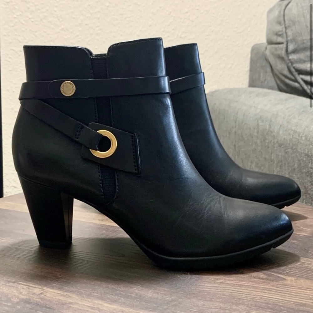 Anne Klein Chelsey Leather Bootie - Black w/ gold toned  hardware, zip up